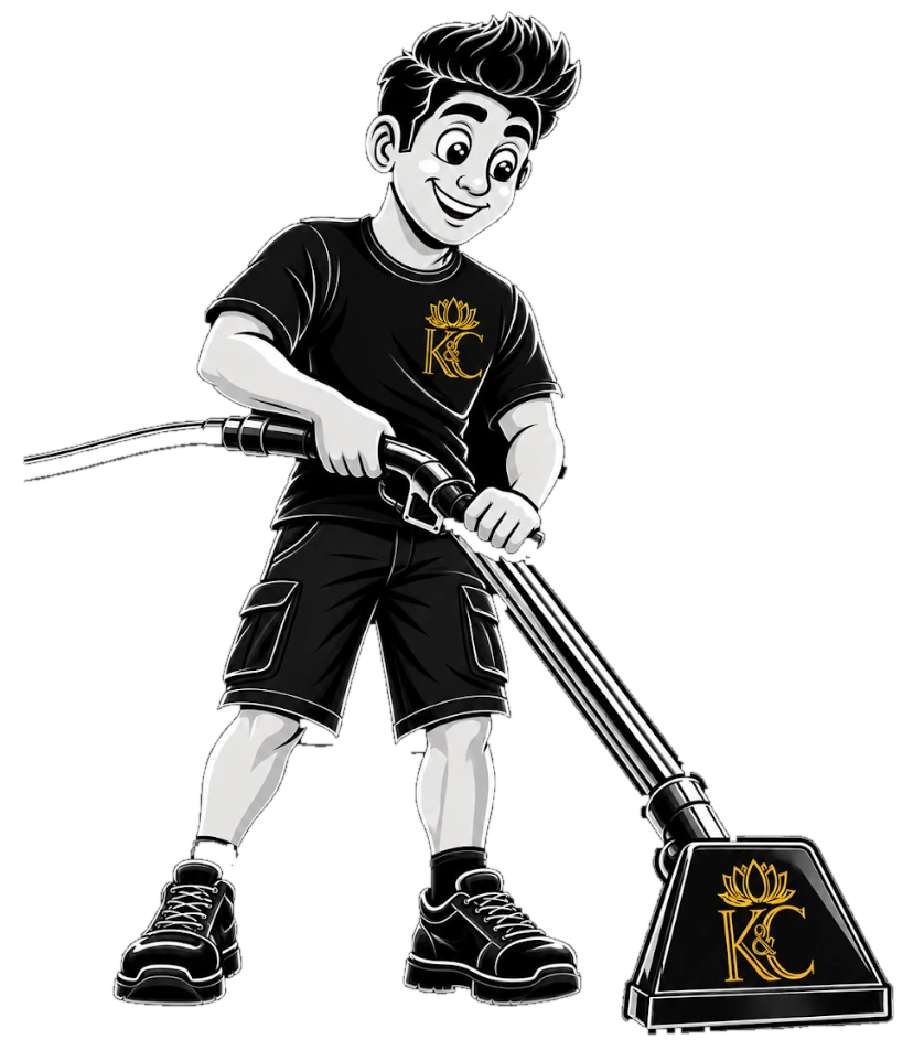 Cartoon mascot of a Khean & Clean technician in a K&C branded shirt operating a carpet cleaning wand